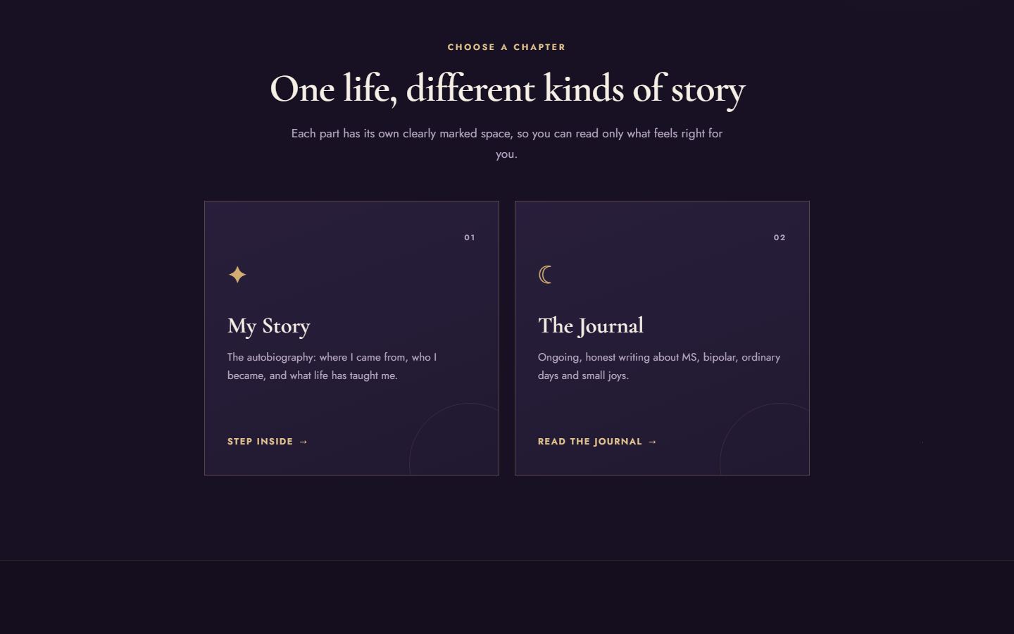 The smilierwarrior.com website on a desktop browser: a dark plum page headed One life, different kinds of story, with two chapter cards below it.