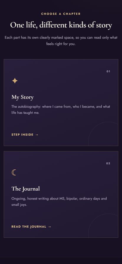 The same page of smilierwarrior.com on a phone, with the two chapter cards stacked into one column.